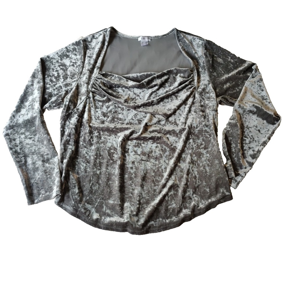 Venus Gray Crushed Velvet Draped Elegant Holiday Party Top Long Sleeve 2X  Fairy